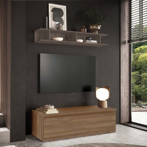 Vista ambientata Mobile porta tv con mensola in legno 138x40x170h colore "rovere mercure - bronzo" modello Modula Totò Piccinni