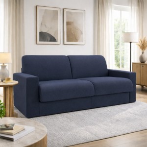 Vista ambientata Divano letto ribaltone colore Blu Oceano imbottito con braccioli materasso 16cm Totò Piccinni