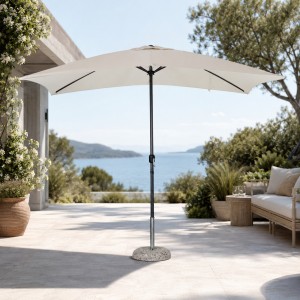 Vista ambientata Ombrellone da giardino con palo centrale in alluminio rettangolare 2x3 metri colore ecrù modello Pully Totò Piccinni