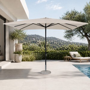 Vista ambientata Ombrellone da giardino con palo centrale in alluminio forma rettangolare 3x4 metri colore ecrù modello Pully Totò Piccinni