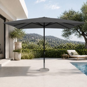 Vista ambientata Ombrellone da giardino con palo centrale in alluminio forma rettangolare 3x4 metri colore grigio modello Pully Totò Piccinni