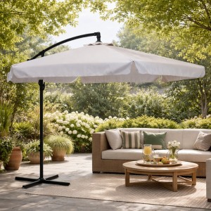 Vista ambientata Ombrellone completo a braccio in metallo e poliestere colore Tortora diametro 3 metri modello Salento Totò Piccinni