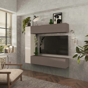 Vista ambientata Parete attrezzata in legno 167x30x180h colore "cashmere - bronzo" modello Modula Totò Piccinni