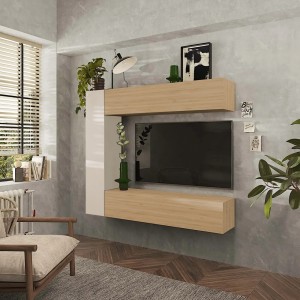 Vista ambientata Parete attrezzata in legno 167x30x180h colore "cashmere - rovere cadiz" modello Modula Totò Piccinni