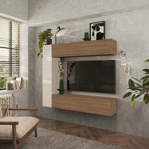 Vista ambientata Parete attrezzata in legno 167x30x180h colore "cashmere - rovere mercure" modello Modula Totò Piccinni