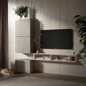 Vista ambientata Parete Attrezzata 193x30x159h in Legno colore "argilla - cashmere" modello Modula Totò Piccinni