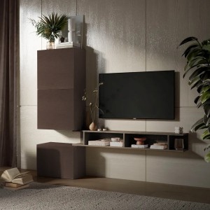 Vista ambientata Parete Attrezzata 193x30x159h in Legno colore Bronzo e Argilla modello Modula Totò Piccinni