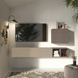 Vista ambientata Parete attrezzata in legno 194x30x160h colore "bronzo - argilla" modello Modula Totò Piccinni