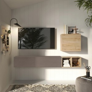 Vista ambientata Parete attrezzata in legno 194x30x160h colore "rovere cadiz - bronzo" modello Modula Totò Piccinni