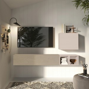 Vista ambientata Parete attrezzata in legno 194x30x160h colore "cashmere - argilla" modello Modula Totò Piccinni