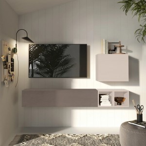 Vista ambientata Parete attrezzata in legno 194x30x160h colore "cashmere - bronzo" modello Modula Totò Piccinni