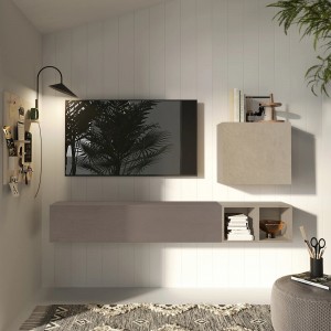 Vista ambientata Parete attrezzata in legno 194x30x160h colore "argilla - bronzo" modello Modula Totò Piccinni