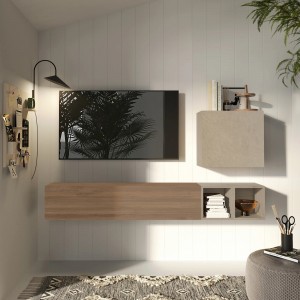 Vista ambientata Parete attrezzata in legno 194x30x160h colore "argilla - rovere mercure" modello Modula Totò Piccinni