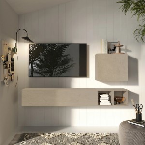 Vista ambientata Parete attrezzata in legno 194x30x160h colore "argilla" modello Modula Totò Piccinni