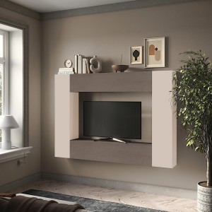 Vista ambientata Parete attrezzata in legno 196x30x180h colore "cashmere - bronzo" modello Modula Totò Piccinni