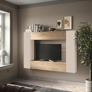 Vista ambientata Parete attrezzata in legno 196x30x180h colore "cashmere - rovere cadiz" modello Modula Totò Piccinni