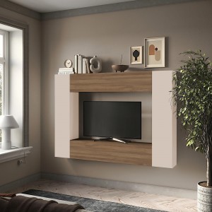 Vista ambientata Parete attrezzata in legno 196x30x180h colore "cashmere - rovere mercure" modello Modula Totò Piccinni