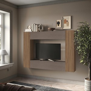 Vista ambientata Parete attrezzata in legno 196x30x180h colore "rovere mercure - bronzo" modello Modula Totò Piccinni