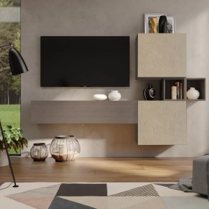 Vista ambientata Parete attrezzata in legno 220x29x128h colore "argilla - bronzo" modello Modula Totò Piccinni