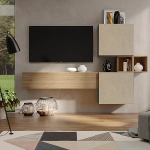 Vista ambientata Parete attrezzata in legno 220x29x128h colore "argilla - rovere cadiz" modello Modula Totò Piccinni