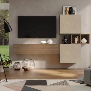 Vista ambientata Parete attrezzata in legno 220x29x128h colore "argilla - rovere mercure" modello Modula Totò Piccinni