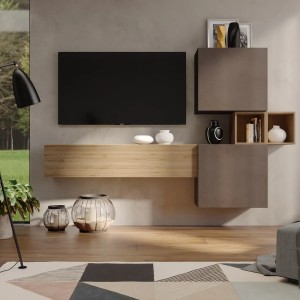 Vista ambientata Parete attrezzata in legno 220x29x128h colore "bronzo - rovere cadiz" modello Modula Totò Piccinni