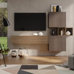 Vista ambientata Parete attrezzata in legno 220x29x128h colore "rovere mercure e bronzo" modello Modula Totò Piccinni