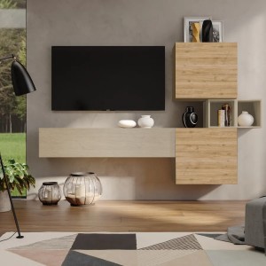 Vista ambientata Parete attrezzata in legno 220x29x128h colore "rovere cadiz - argilla" modello Modula Totò Piccinni