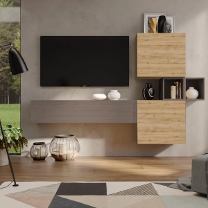 Vista ambientata Parete attrezzata in legno 220x29x128h colore "rovere cadiz e bronzo" modello Modula Totò Piccinni