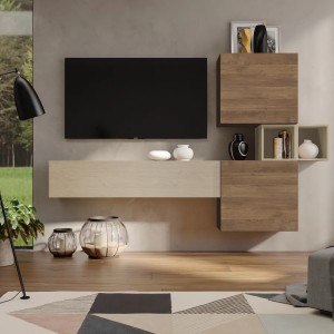 Vista ambientata Parete attrezzata in legno 220x29x128h colore "rovere mercure - argilla" modello Modula Totò Piccinni