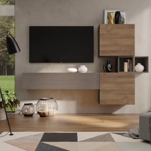 Vista ambientata Parete attrezzata in legno 220x29x128h colore "rovere mercure - bronzo" modello Modula Totò Piccinni