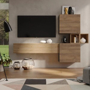 Vista ambientata Parete attrezzata in legno 220x29x128h colore "rovere mercure - rovere cadiz" modello Modula Totò Piccinni