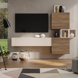 Vista ambientata Parete attrezzata in legno 220x29x128h colore "rovere mercure - cashmere" modello Modula Totò Piccinni