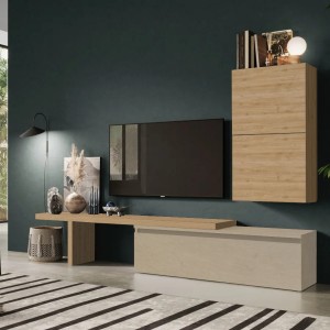 Vista ambientata Parete attrezzata in legno 260x40x190h colore "argilla e rovere cadiz" modello Modula Totò Piccinni