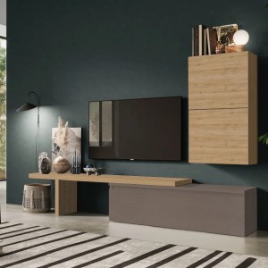 Vista ambientata Parete attrezzata in legno 260x40x190h colore "bronzo e rovere cadiz" modello Modula Totò Piccinni