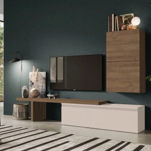 Vista ambientata Parete attrezzata in legno 260x40x190h colore "cashmere e rovere mercure" modello Modula Totò Piccinni