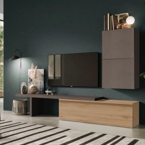 Vista ambientata Parete attrezzata in legno 260x40x190h colore "rovere cadiz e bronzo" modello Modula Totò Piccinni