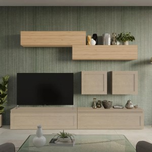 Vista ambientata Parete Attrezzata 279x40x190h in legno colore "argilla - rovere cadiz" modello Modula Totò Piccinni