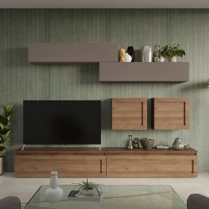 Vista ambientata Parete Attrezzata 279x40x190h in legno colore "rovere mercure - bronzo" modello Modula Totò Piccinni