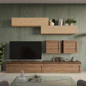 Vista ambientata Parete Attrezzata 279x40x190h in legno colore "rovere mercure - rovere cadiz" modello Modula Totò Piccinni