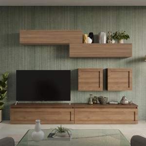 Vista ambientata Parete Attrezzata 279x40x190h in legno colore "rovere mercure" modello Modula Totò Piccinni