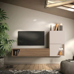 Vista ambientata Parete attrezzata in legno 193x30x150h colore "cashmere - rovere mercure" modello Modula Totò Piccinni