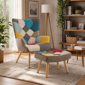 Vista ambientata Poltrona con sgabello colore Patchwork Party con gambe in legno modello Siesta Totò Piccinni