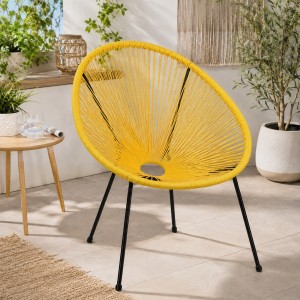 Vista ambientata Sedia relax colore Giallo con seduta in corde intrecciate e struttura in metallo modello Pavone Totò Piccinni