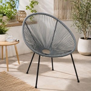Vista ambientata Sedia relax colore Grigio con seduta in corde intrecciate e struttura in metallo modello Pavone Totò Piccinni