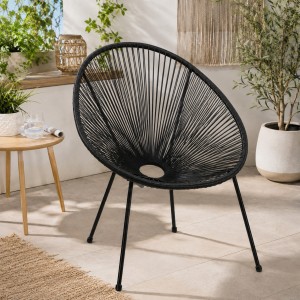 Vista ambientata Sedia relax colore Nero con seduta in corde intrecciate e struttura in metallo modello Pavone Totò Piccinni