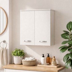 Vista ambientata pensile 2 ante in legno colore "bianco frassino" modello Rugiada Totò Piccinni