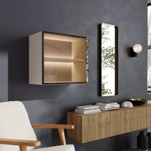 Vista ambientata Pensile 55x50h colore "cashmere" con anta reversibile in vetro fumè con telaio in alluminio modello Modula Totò Piccinni