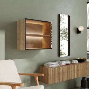 Vista ambientata Pensile 55x50h colore "rovere cadiz" con anta reversibile in vetro fumè con telaio in alluminio modello Modula Totò Piccinni