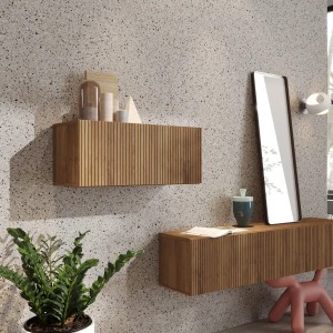 Vista ambientata Pensile orizzontale in legno con anta reversibile colore rovere mercure cannettato 69x29h modello Modula Totò Piccinni